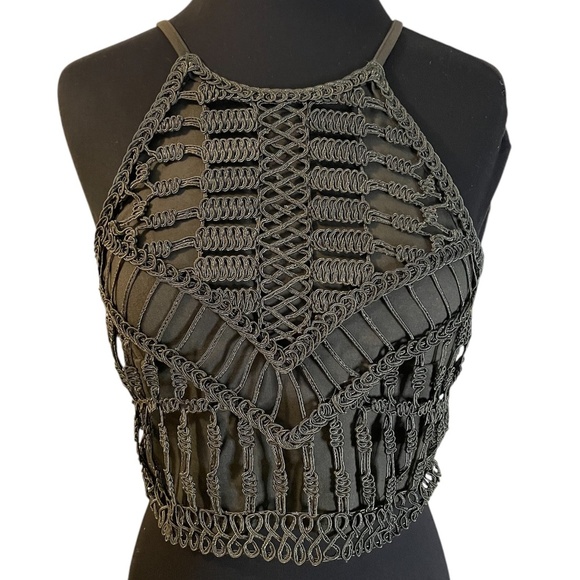 H&M Ribbon-embroidered top Dark khaki green, Size Small - Picture 2 of 9